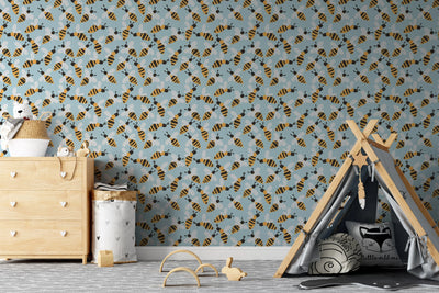 Buzzy Bee On Blue - Peel and Stick Removable Wallpaper I Heart Wall Art Australia 
