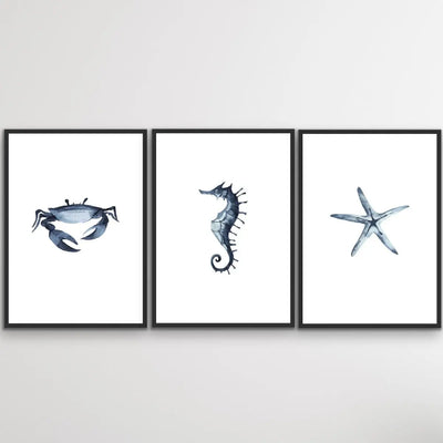 By The Sea - Three Piece Crab Starfish Seahorse Watercolour Print Set Triptych
