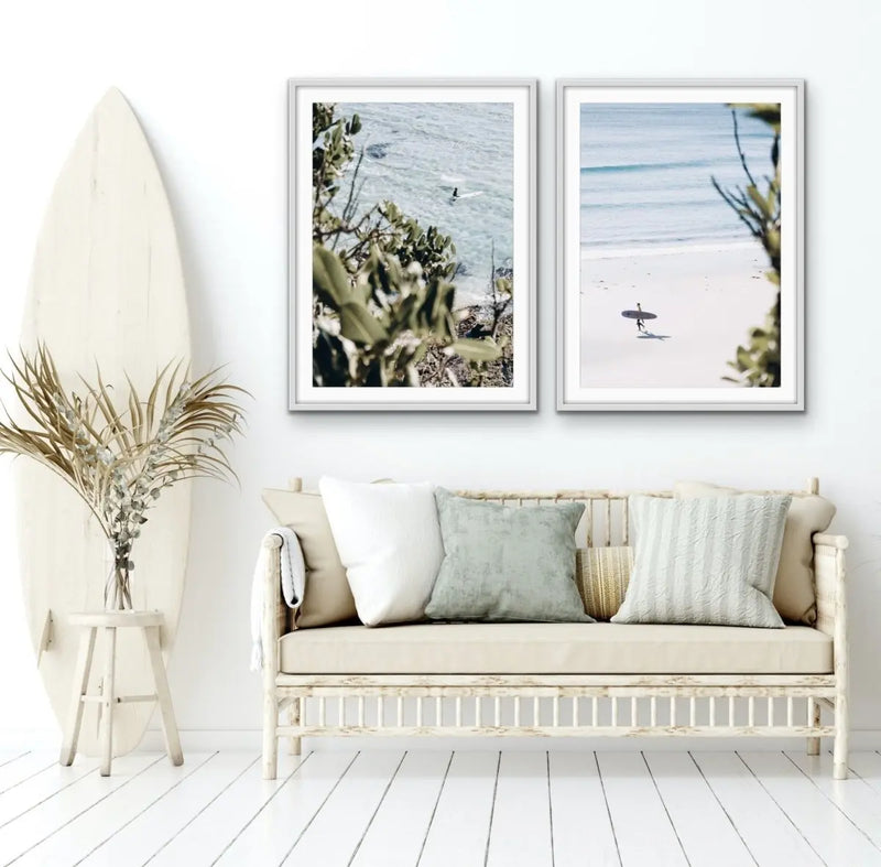 Byron Bay Surf - Two Piece Coastal Byron Bay Surfer Print Set Diptych - I Heart Wall Art - Poster Print, Canvas Print or Framed Art Print