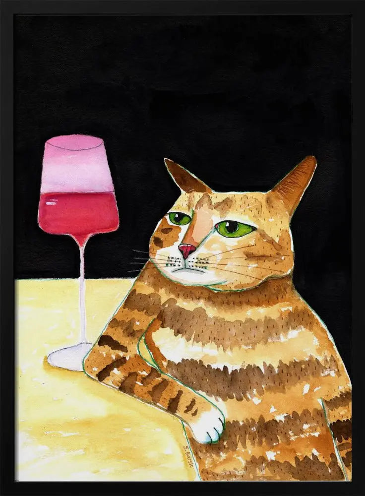 Cat Friday Night Drinks Wine Funny Cat Humour - Stretched Canvas, Poster or Fine Art Print I Heart Wall Art