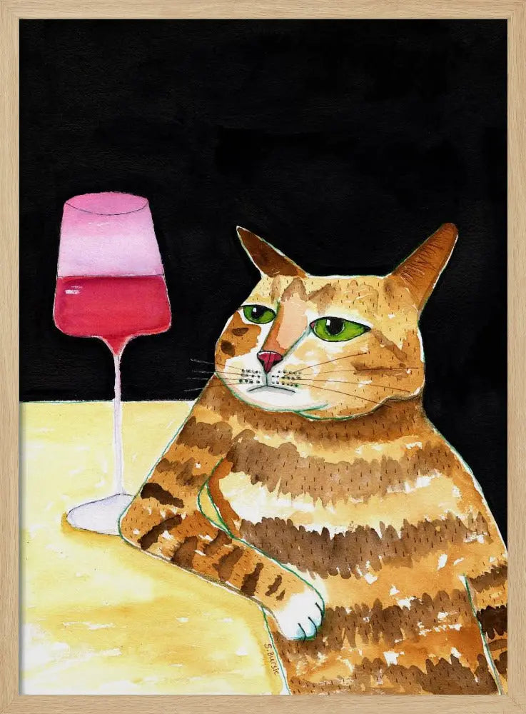 Cat Friday Night Drinks Wine Funny Cat Humour - Stretched Canvas, Poster or Fine Art Print I Heart Wall Art
