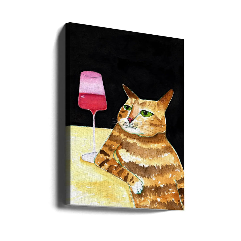 Cat Friday Night Drinks Wine Funny Cat Humour - Stretched Canvas, Poster or Fine Art Print I Heart Wall Art