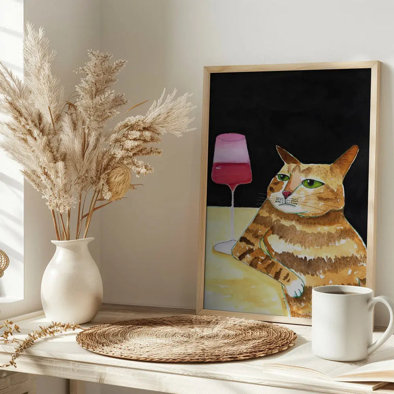 Cat Friday Night Drinks Wine Funny Cat Humour - Stretched Canvas, Poster or Fine Art Print I Heart Wall Art