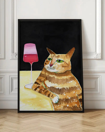 Cat Friday Night Drinks Wine Funny Cat Humour - Stretched Canvas, Poster or Fine Art Print I Heart Wall Art