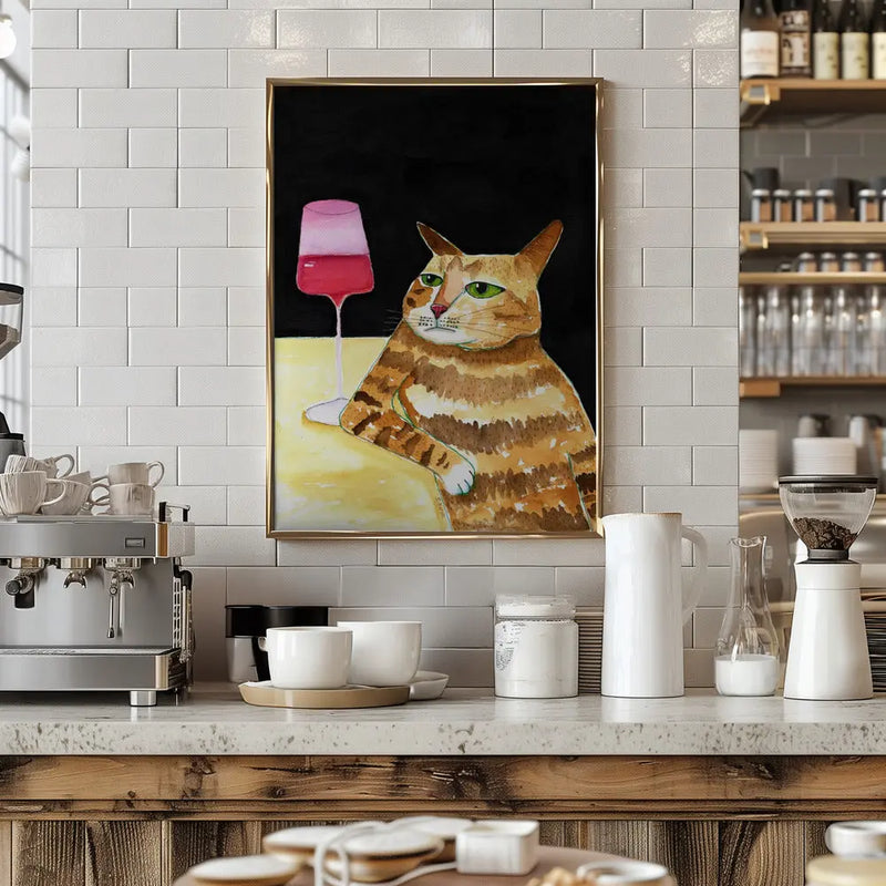 Cat Friday Night Drinks Wine Funny Cat Humour - Stretched Canvas, Poster or Fine Art Print I Heart Wall Art
