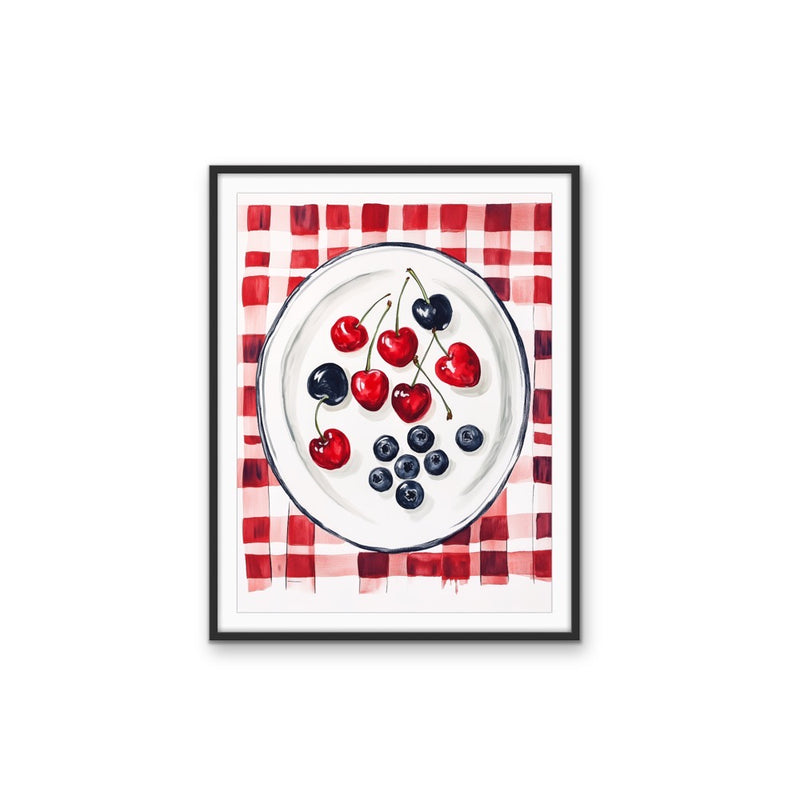 Cherry Gingham - Red Patterned Fruit Stretched Canvas Wall Art Print I Heart Wall Art