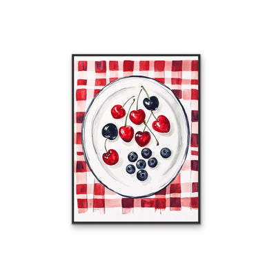 Cherry Gingham - Red Patterned Fruit Stretched Canvas Wall Art Print I Heart Wall Art