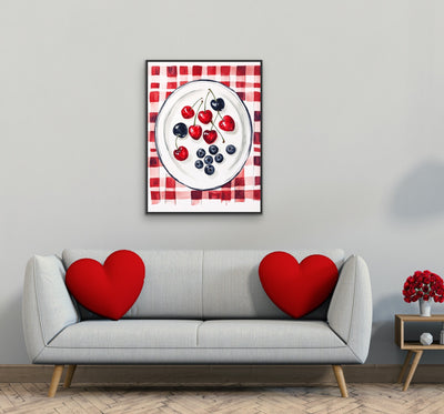 Cherry Gingham - Red Patterned Fruit Stretched Canvas Wall Art Print I Heart Wall Art