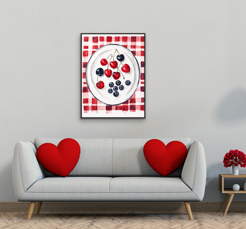 Cherry Gingham - Red Patterned Fruit Stretched Canvas Wall Art Print I Heart Wall Art