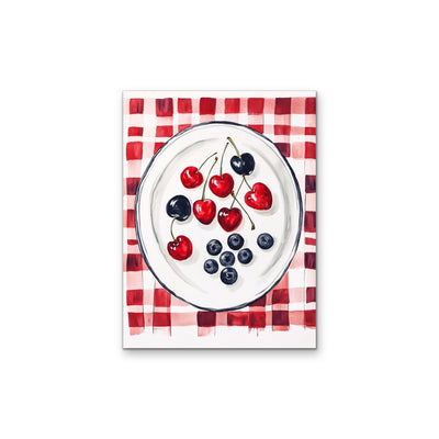 Cherry Gingham - Red Patterned Fruit Stretched Canvas Wall Art Print I Heart Wall Art