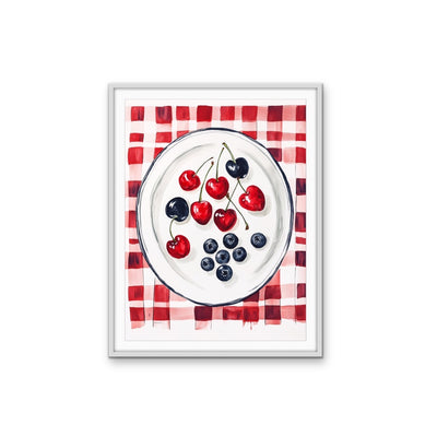 Cherry Gingham - Red Patterned Fruit Stretched Canvas Wall Art Print I Heart Wall Art