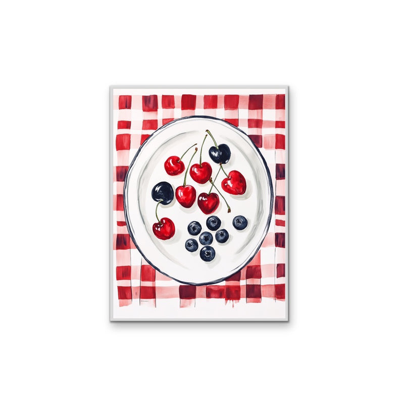 Cherry Gingham - Red Patterned Fruit Stretched Canvas Wall Art Print I Heart Wall Art