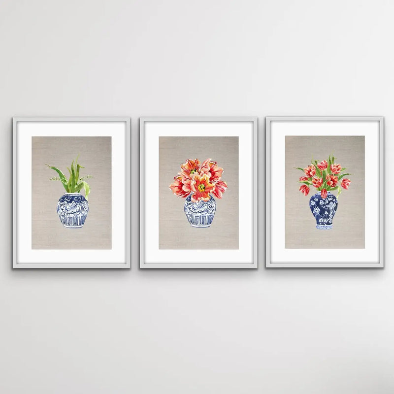 Chinoiserie - Three Piece Blue Chinese Porcelain Vases On Linen Wall Art Prints Red Flowers Blue Vases Triptych I Heart Wall Art Australia 