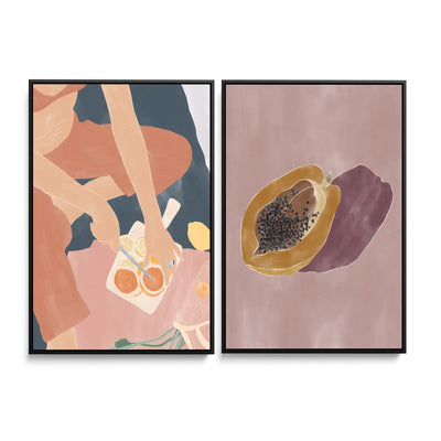 Cutting Grapefruits and Papaya by Ivy Green Illustrations  - Two Piece Stretched Canvas or Art Print Set Diptych I Heart Wall Art Australia 