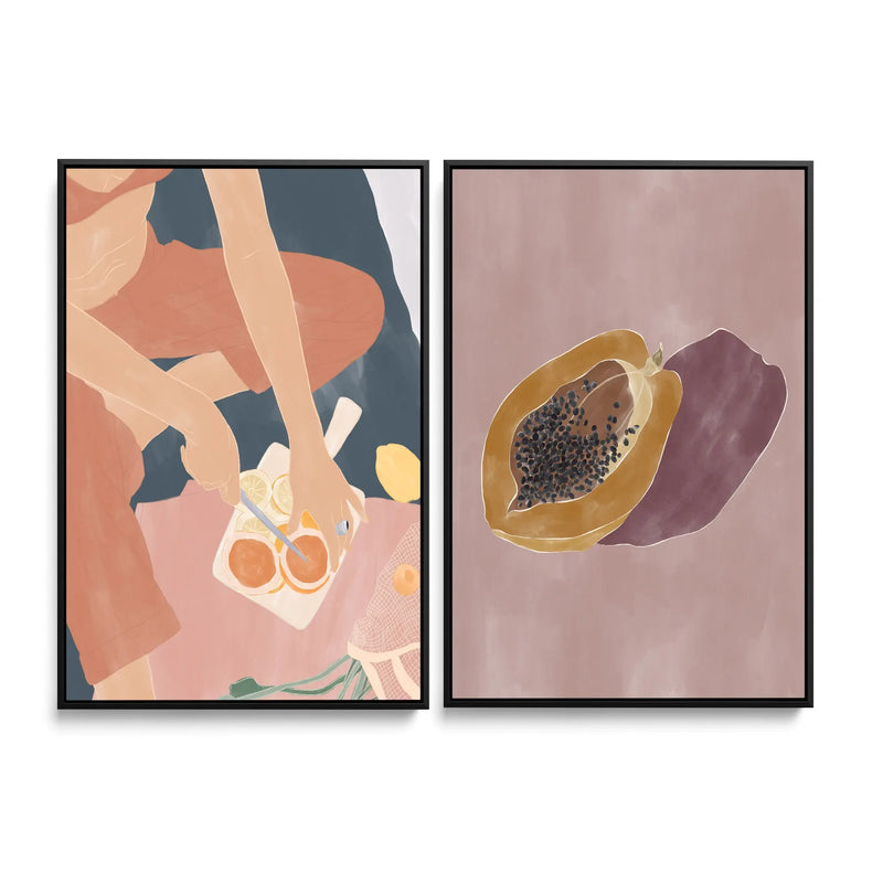 Cutting Grapefruits and Papaya by Ivy Green Illustrations  - Two Piece Stretched Canvas or Art Print Set Diptych I Heart Wall Art Australia 