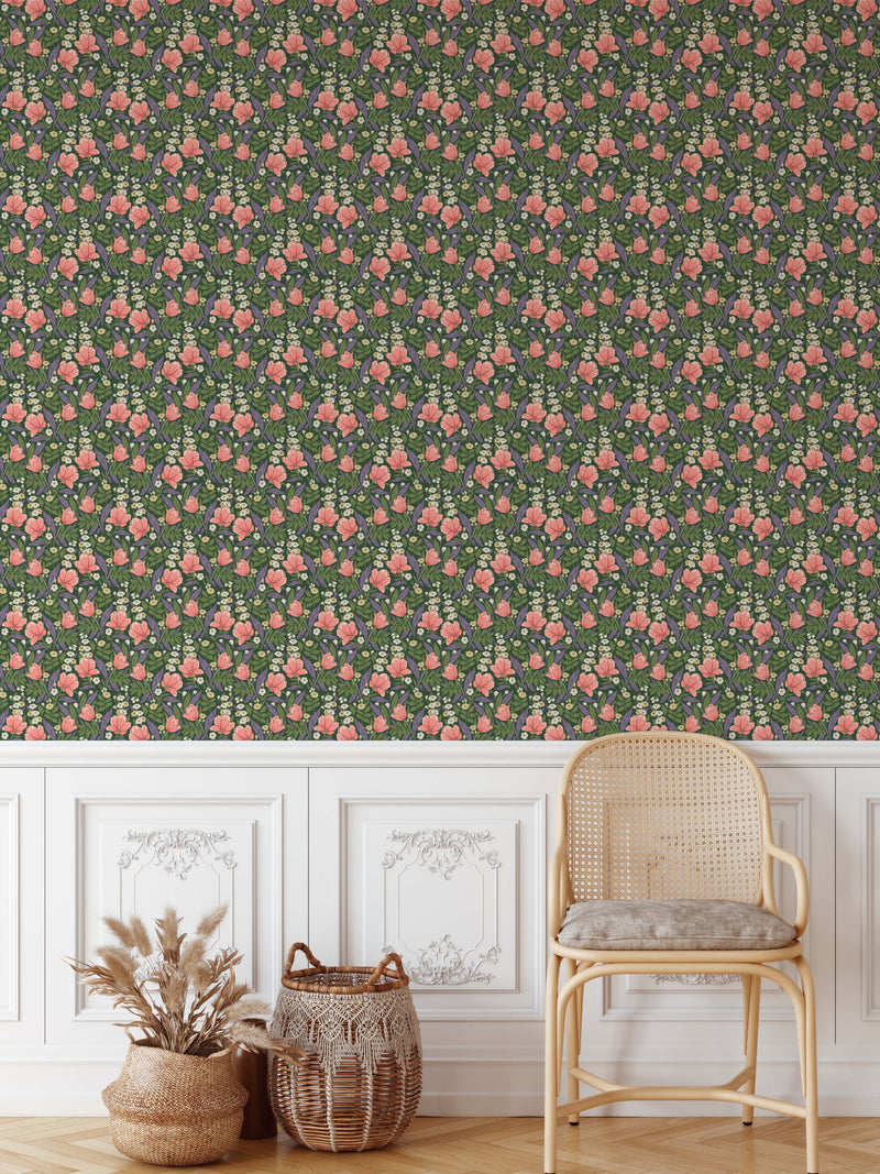 Daisies & Petals - Vintage Green & Pink Peel & Stick Wallpaper I Heart Wall Art Australia