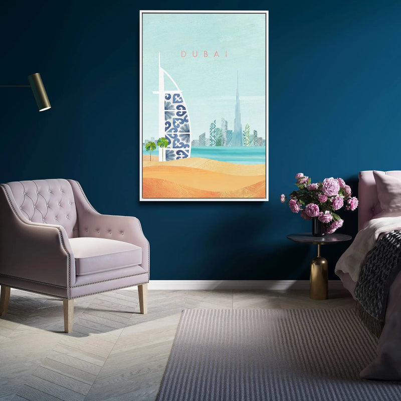 Dubai by Henry Rivers - Stretched Canvas Print or Framed Fine Art Print - Artwork- Vintage Inspired Travel Poster I Heart Wall Art Australia 