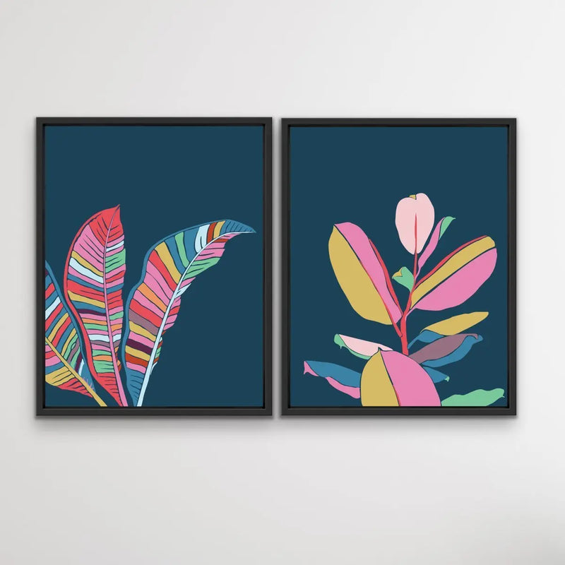 Fiddle Leaf and Banana Palm - Two Piece Turquoise Pink Contemporary Graphic Canvas Framed Wall Art Prints