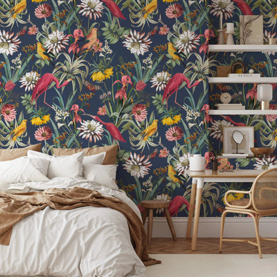 Flamingo Dance - Dark Coloured Flamingo & Bird Peel and Stick Wallpaper I Heart Wall Art Australia 