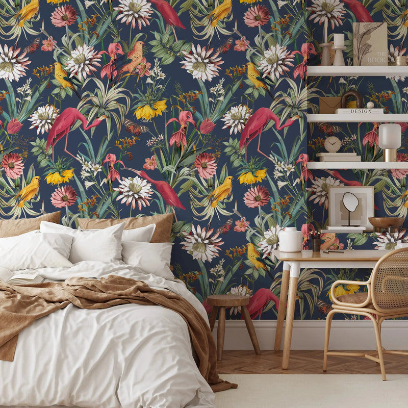 Flamingo Dance - Dark Coloured Flamingo & Bird Peel and Stick Wallpaper I Heart Wall Art Australia 