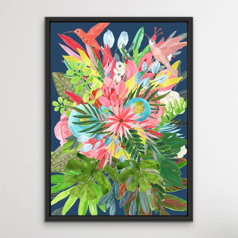 Garden Of Eden In Blue - Tropical Jungle Watercolour Print Stretched Canvas Wall Art