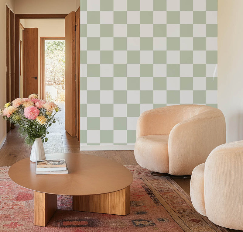 Checkerboard in Sage Green And White  - Peel and Stick Removable Wallpaper