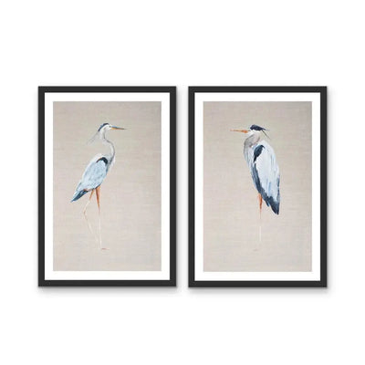 Hamptons Blue Heron On Linen - Two Piece Hamptons Wall Art Set on Canvas or Paper Diptych - I Heart Wall Art