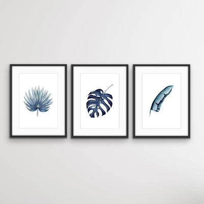 Hamptons Blue Monstera - Three Piece Watercolour Hamptons Blue Print Set Triptych