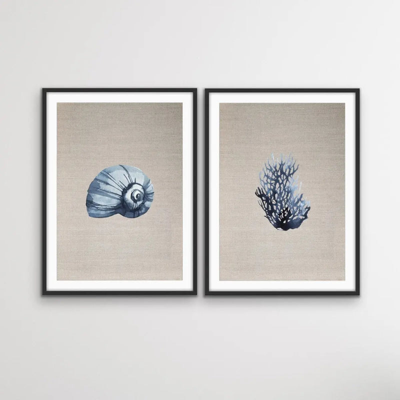 Hamptons Dark Coral On Linen - Two Piece Hamptons Coastal Beach Art Print Set Diptych - I Heart Wall Art