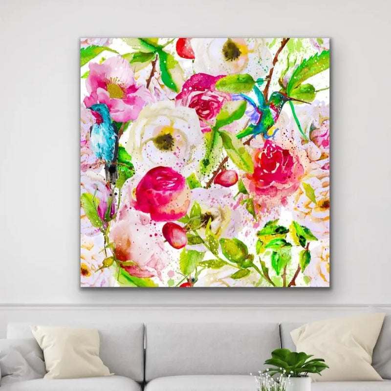 Hummingbird Garden - Green Contemporary Floral Canvas Wall Art Print  With Hummingbirds - I Heart Wall Art