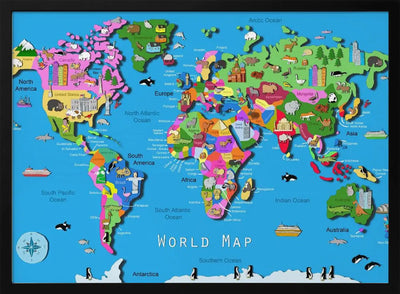 Illustrated World Map with Countries and Continents by Carla Daly - Stretched Canvas, Poster or Fine Art Print I Heart Wall Art