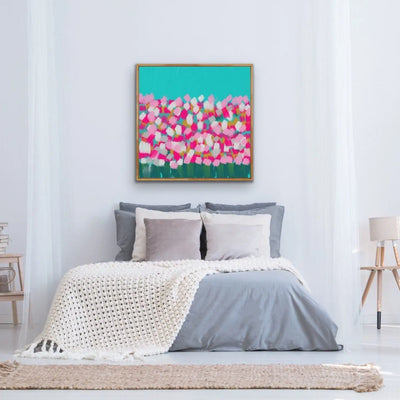 In The Springtime - Original Abstract Artwork Framed Canvas Print Turquoise Pink Floral