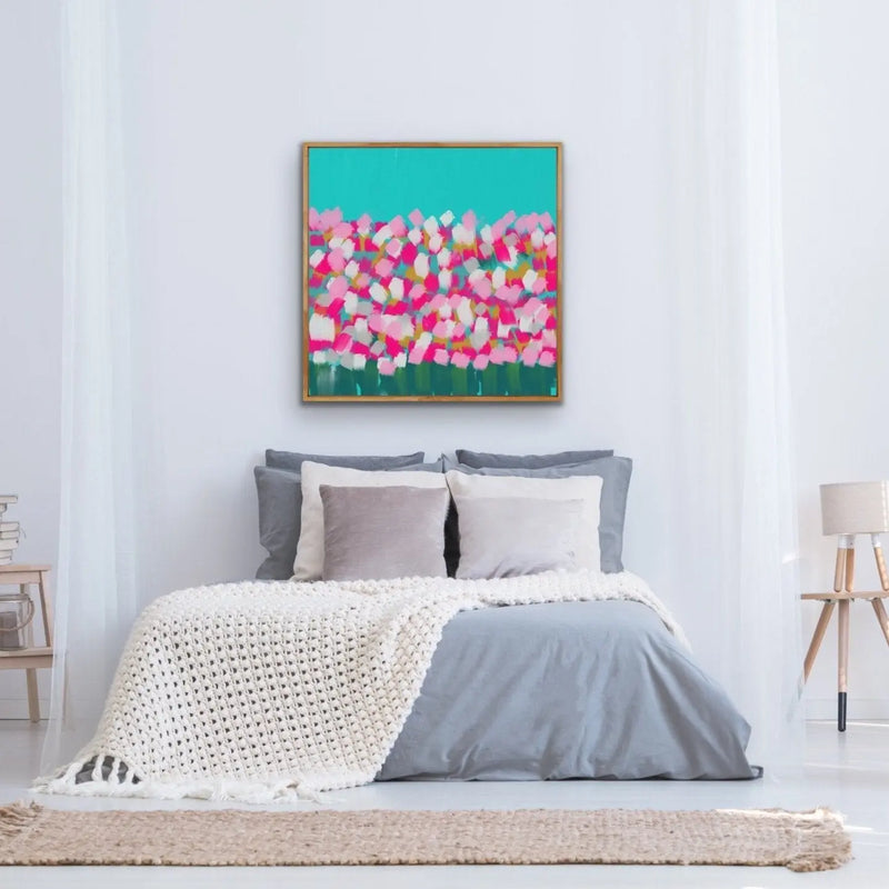 In The Springtime - Original Abstract Artwork Framed Canvas Print Turquoise Pink Floral