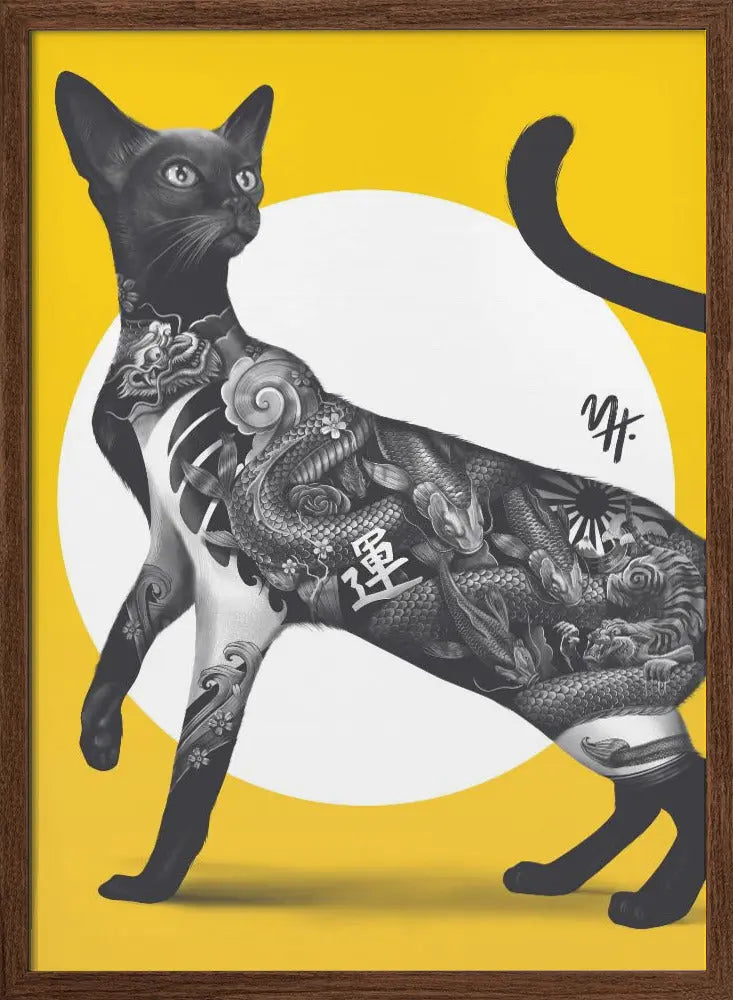 Japanese Cat Tattoo Yellow - Stretched Canvas, Poster or Fine Art Print I Heart Wall Art