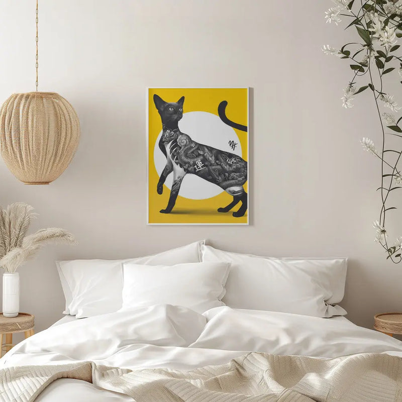 Japanese Cat Tattoo Yellow - Stretched Canvas, Poster or Fine Art Print I Heart Wall Art