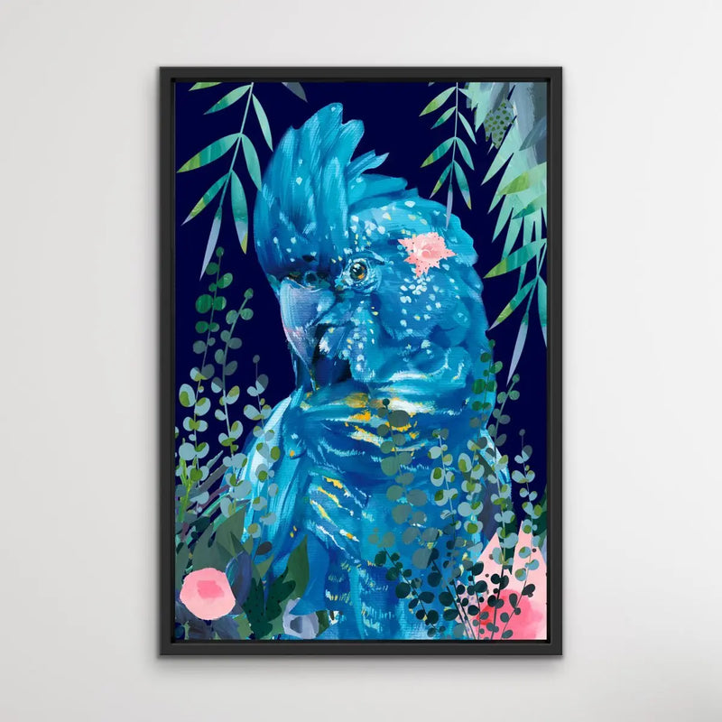 Jungle Cockatoo- Bright Floral Artwork With Black Cockatoo Canvas Art Print