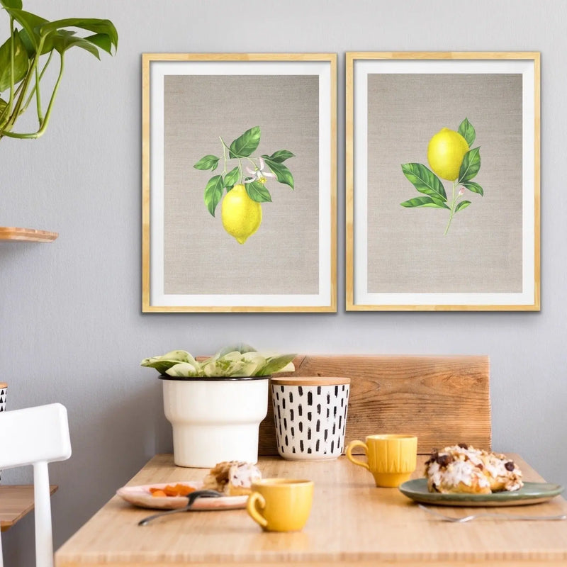 Lemons On Linen - Two Piece Lemon Watercolour Linen Kitchen Wall Art Print