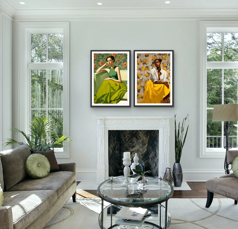 Mae And Kate - Two Piece Female Portraits Stretched Canvas Print or Framed Fine Art Print - Artwork - I Heart Wall Art
