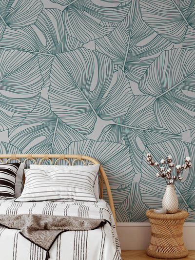 Monstera Line Wallpaper - Blue and Light Grey Monstera line Art Removable Peel and Stick or Soak and Stick Wallpaper I Heart Wall Art Australia 