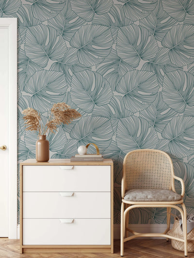 Monstera Line Wallpaper - Blue and Light Grey Monstera line Art Removable Peel and Stick or Soak and Stick Wallpaper I Heart Wall Art Australia