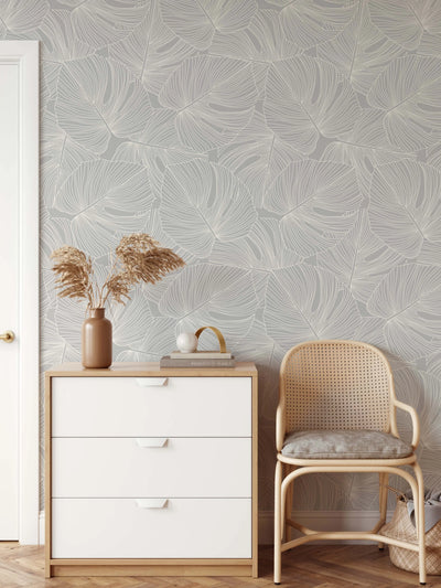 Monstera Line Wallpaper - Light Grey and Off-White Monstera line Art Removable Peel and Stick or Soak and Stick Wallpaper I Heart Wall Art Australia