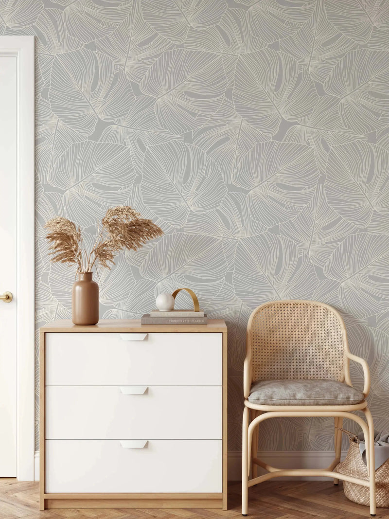 Monstera Line Wallpaper - Light Grey and Off-White Monstera line Art Removable Peel and Stick or Soak and Stick Wallpaper I Heart Wall Art Australia
