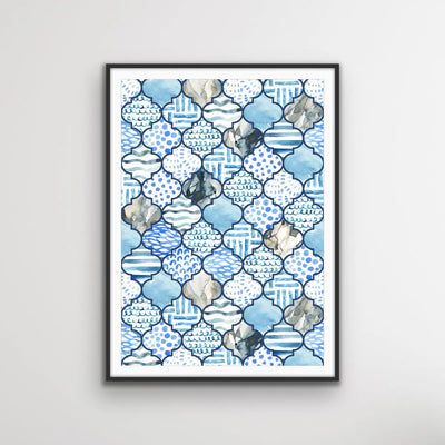 Moroccan Mosaics in Blue - Hamptons Style Tiled Watercolor Art Print I Heart Wall Art Australia