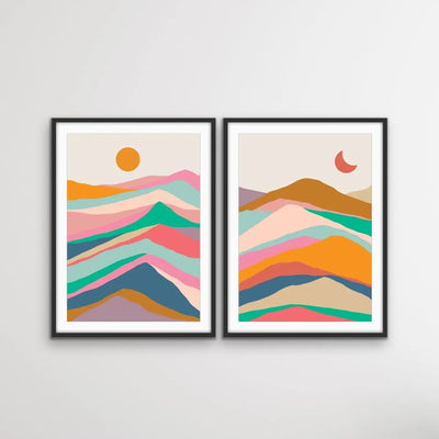 Mountain Pass - Two Piece Colourful Landscape Geometric Print Set Diptych I Heart Wall Art Australia