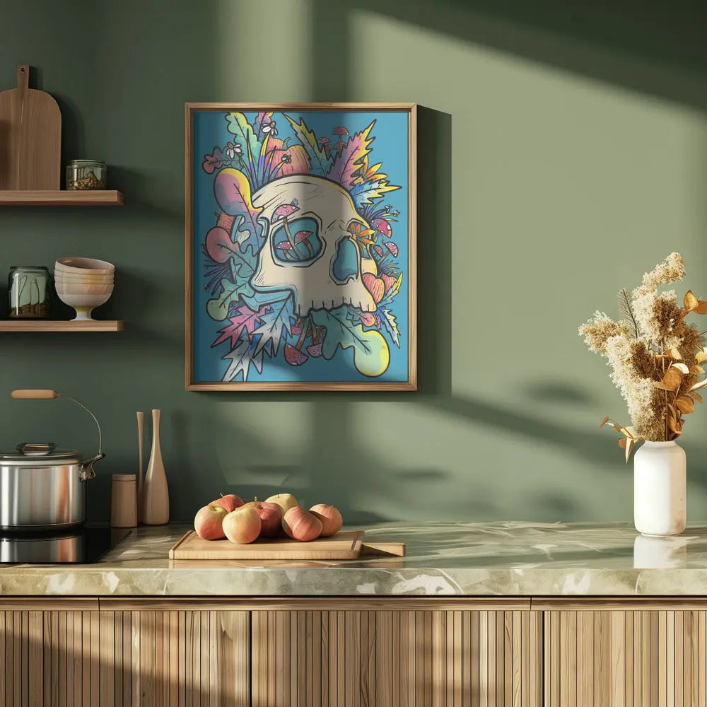 mushrooms and the colourful skull&amp;n - stretched canvas or