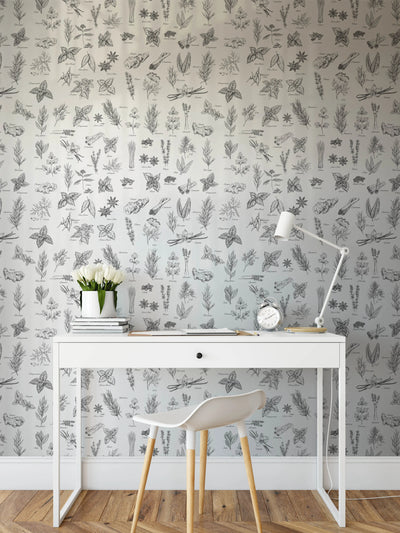 Nature's Garden -  Herbs and Spices Naturopathy Herbal Medicinal Removable Wallpaper in Black And White I Heart Wall Art Australia 