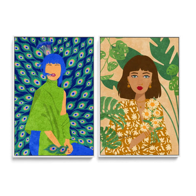 Peacock Woman and Plantlady by  Raissa Oltmanns - Two Piece Stretched Canvas or Art Print Set Diptych - I Heart Wall Art