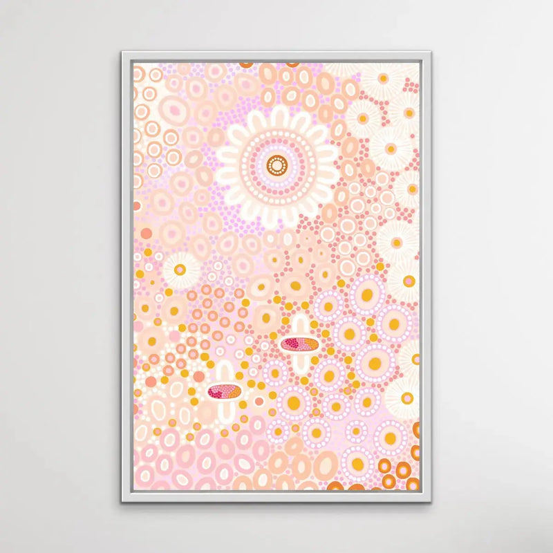 People Among The Wildflowers - Sitting By The Coolamon - Aboriginal Art Print by Sherri Cummins I Heart Wall Art Australia