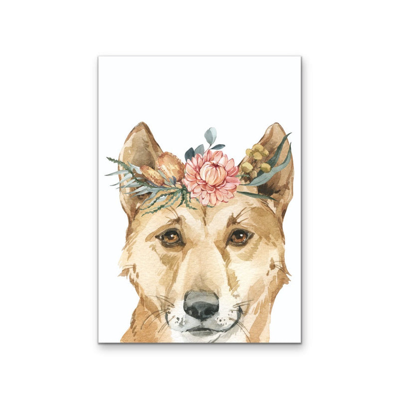 Dingo Flower Crown - Australian Native Animal Stretched Canvas or Wall Art Print I Heart Wall Art