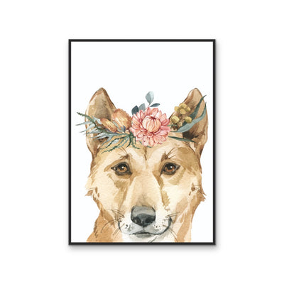 Dingo Flower Crown - Australian Native Animal Stretched Canvas or Wall Art Print I Heart Wall Art